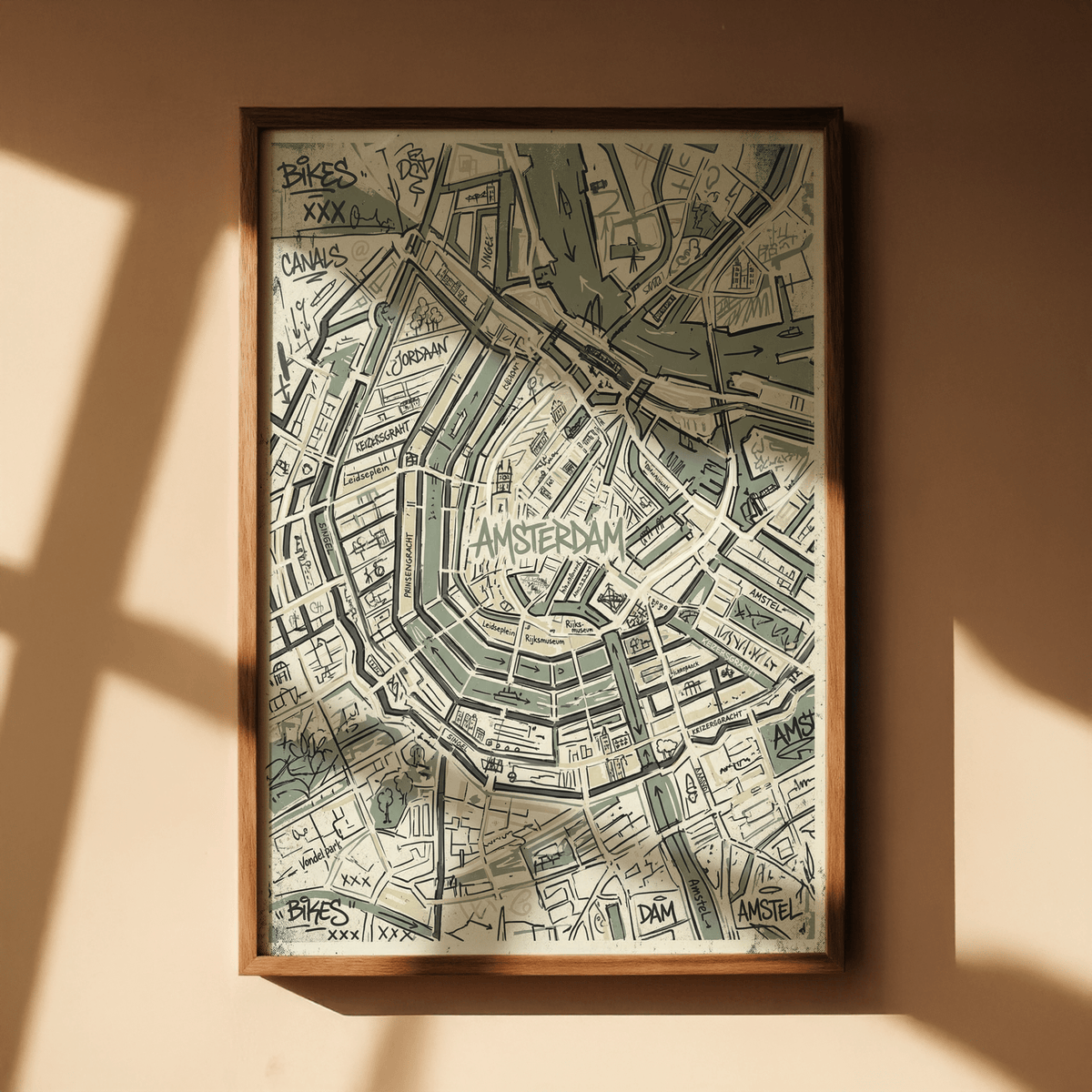 Close-up of canal rings and block shapes on Amsterdam Map Art Print wall art