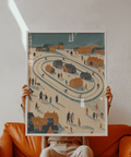 Charming Winter Village Art Print in Blue, Orange, Beige for entryway poster