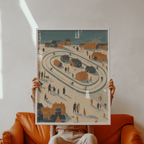 Charming Winter Village Art Print in Blue, Orange, Beige for entryway poster