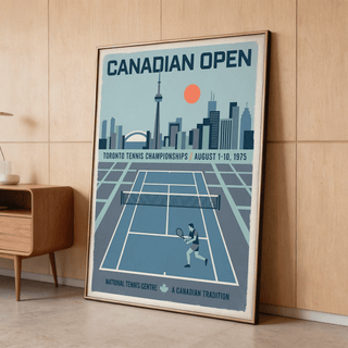Vintage-style wall art print of a tennis court with net and player figure
