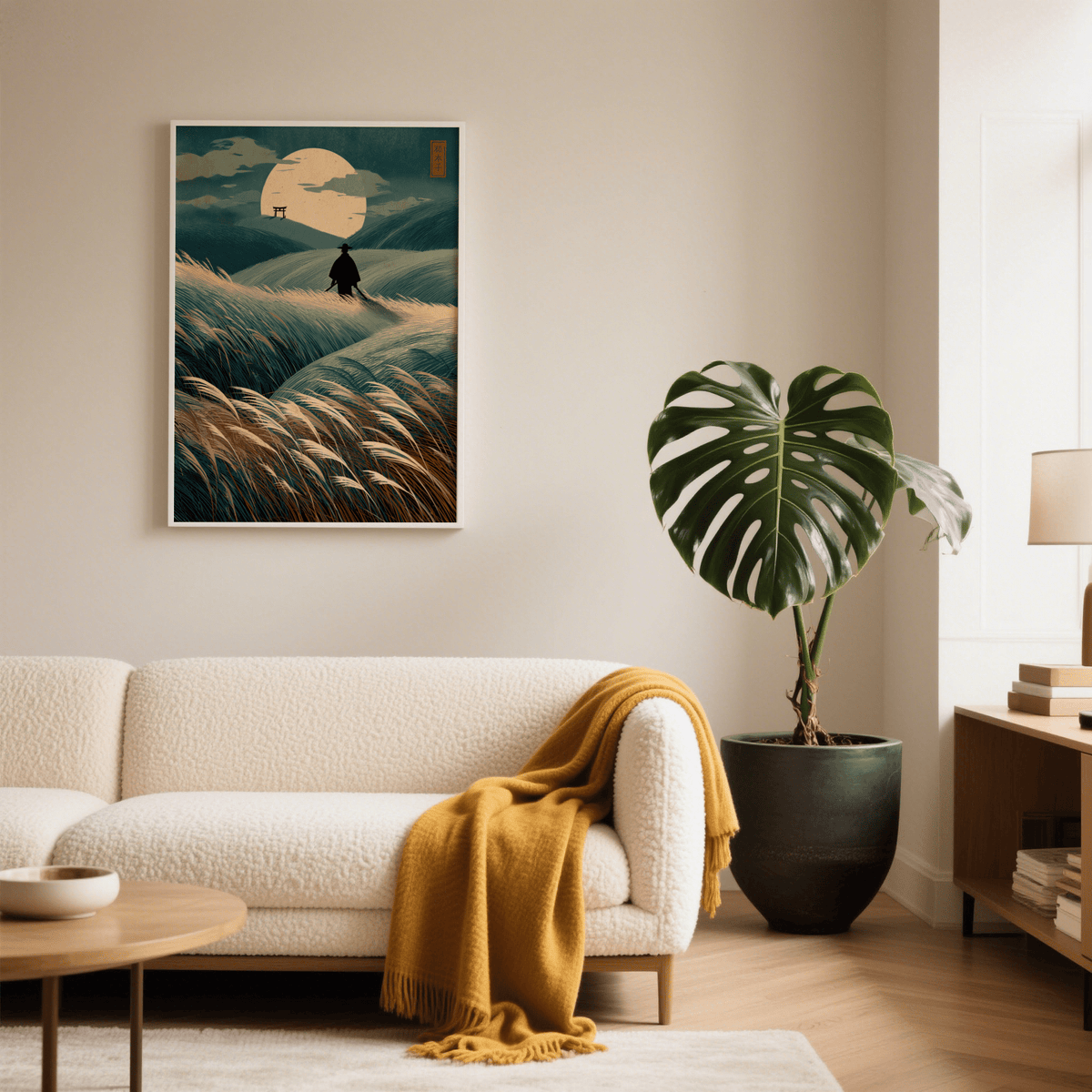 Foreground grass poster print showing layered rolling hills and drifting clouds