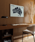 Australia Map Print with blue details for contemporary den decor