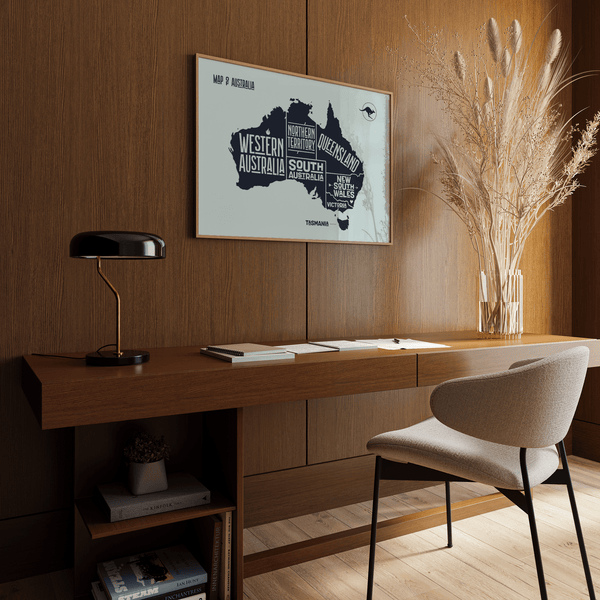 Australia Map Print with blue details for contemporary den decor