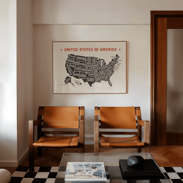 Educational US Map Poster, Red highlights, classroom print