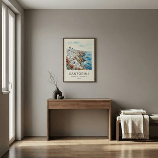 Cliffside Santorini wall art print with windmill, domes, and harbor boats