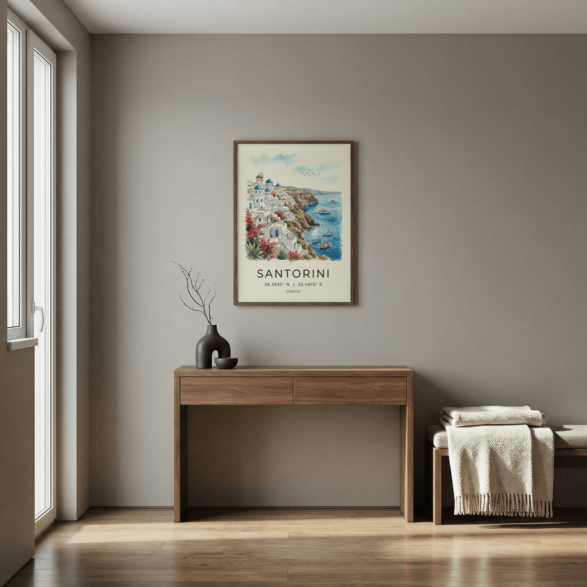 Cliffside Santorini wall art print with windmill, domes, and harbor boats