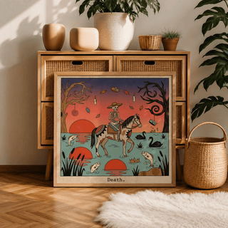 Tarot-inspired wall art poster with crowns drifting across the sky and swans on water