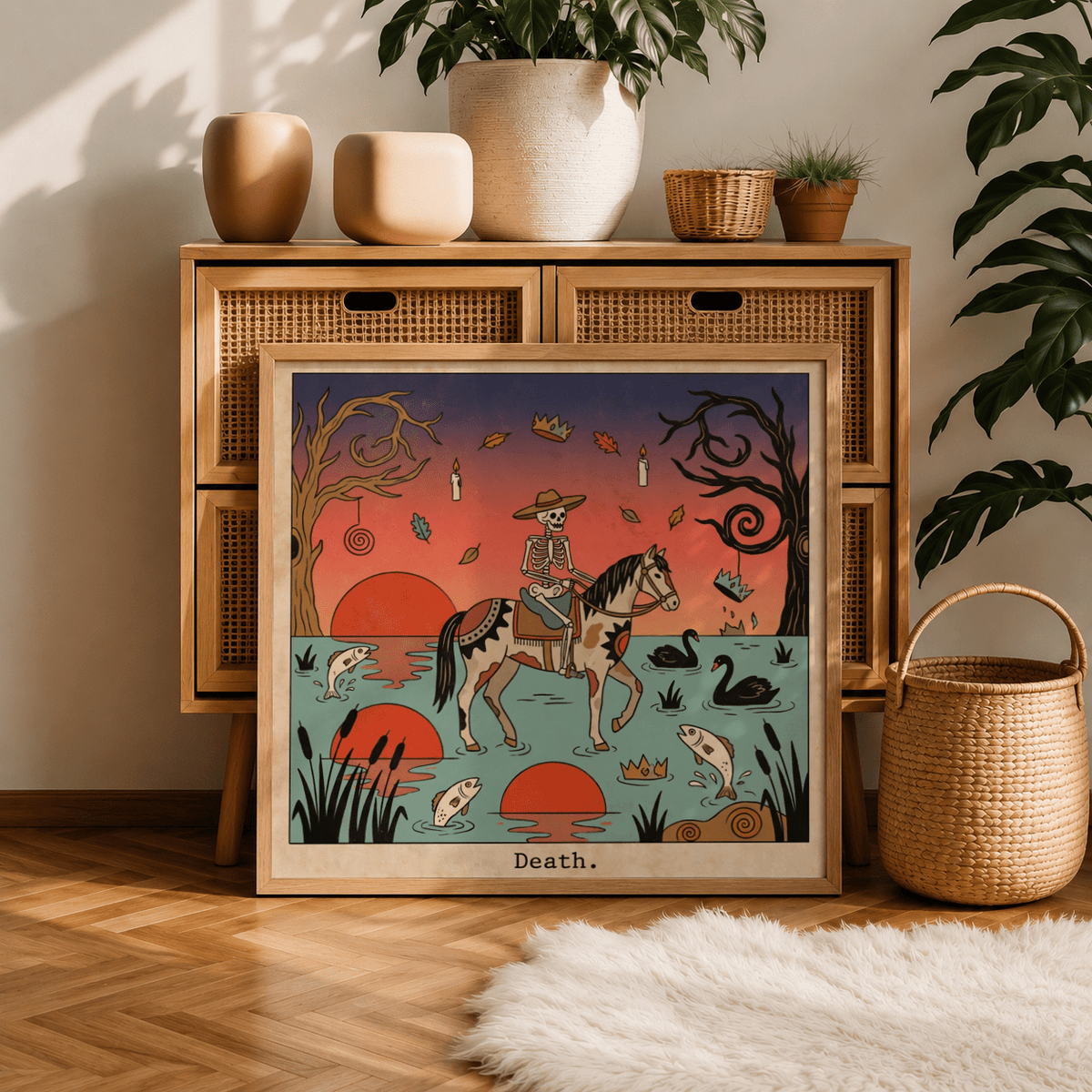 Tarot-inspired wall art poster with crowns drifting across the sky and swans on water