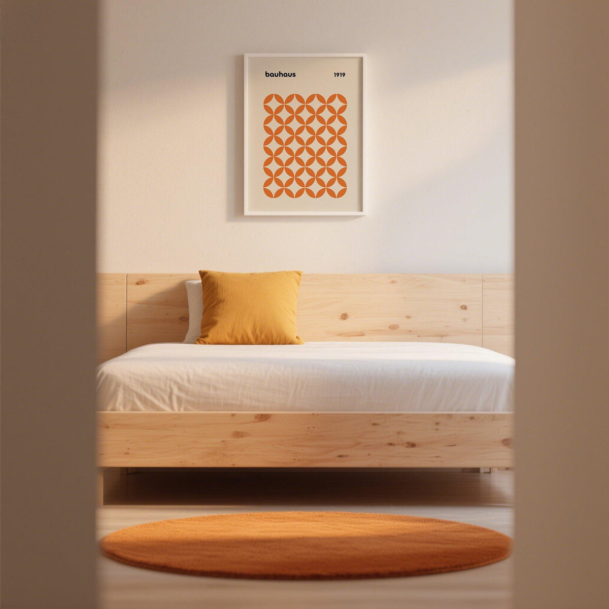 Framed artwork of orange minimalist print in a light-filled studio.