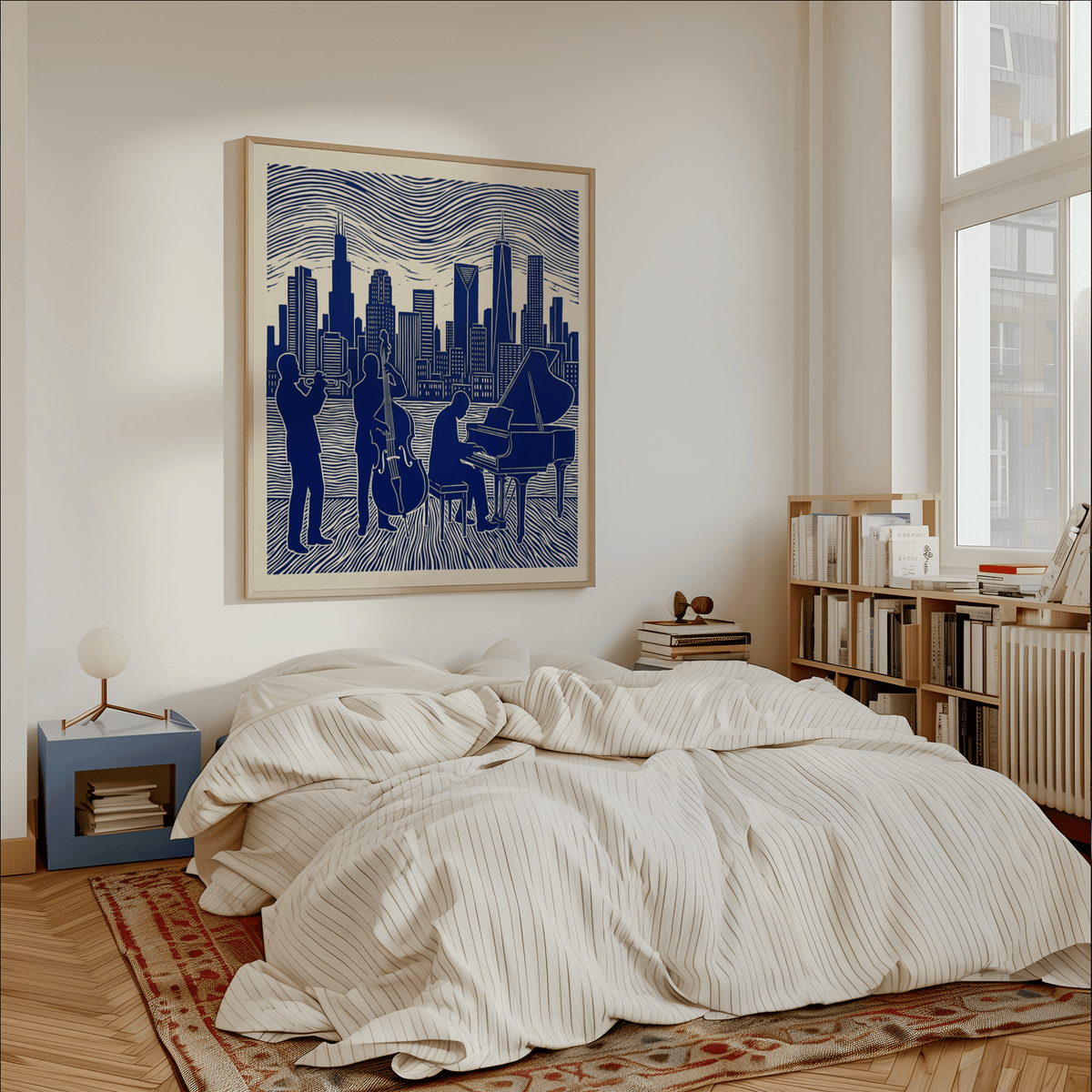 Stylish Musician Poster Art in blue and white for entryway poster
