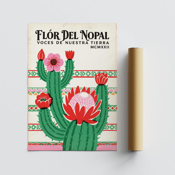 Cactus illustration with blooms in Mexican Folk Art Print.