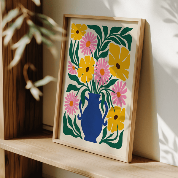 Chic Floral Vase Art Print includes Blue vase, Yellow daisies, Pink petals, and Green stems for entryway decor