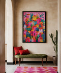 Vibrant wall art showing Mexican Village Painting of houses and greenery.