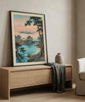 Ocean bay wall art print with cottages near the water, moored boats, and a sandy shoreline