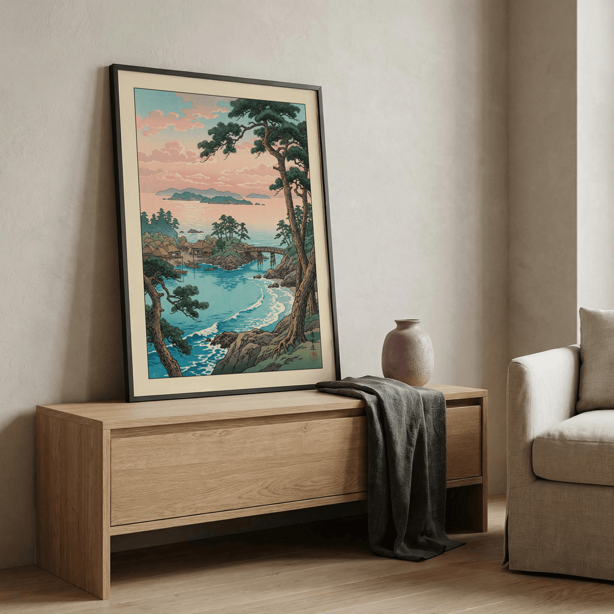 Ocean bay wall art print with cottages near the water, moored boats, and a sandy shoreline