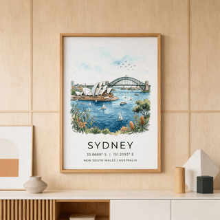 Sydney Watercolor Art Print showing sailboats gliding under the steel arch bridge