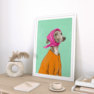 Whimsical Greyhound Poster with orange coat, ideal for dining room wall art