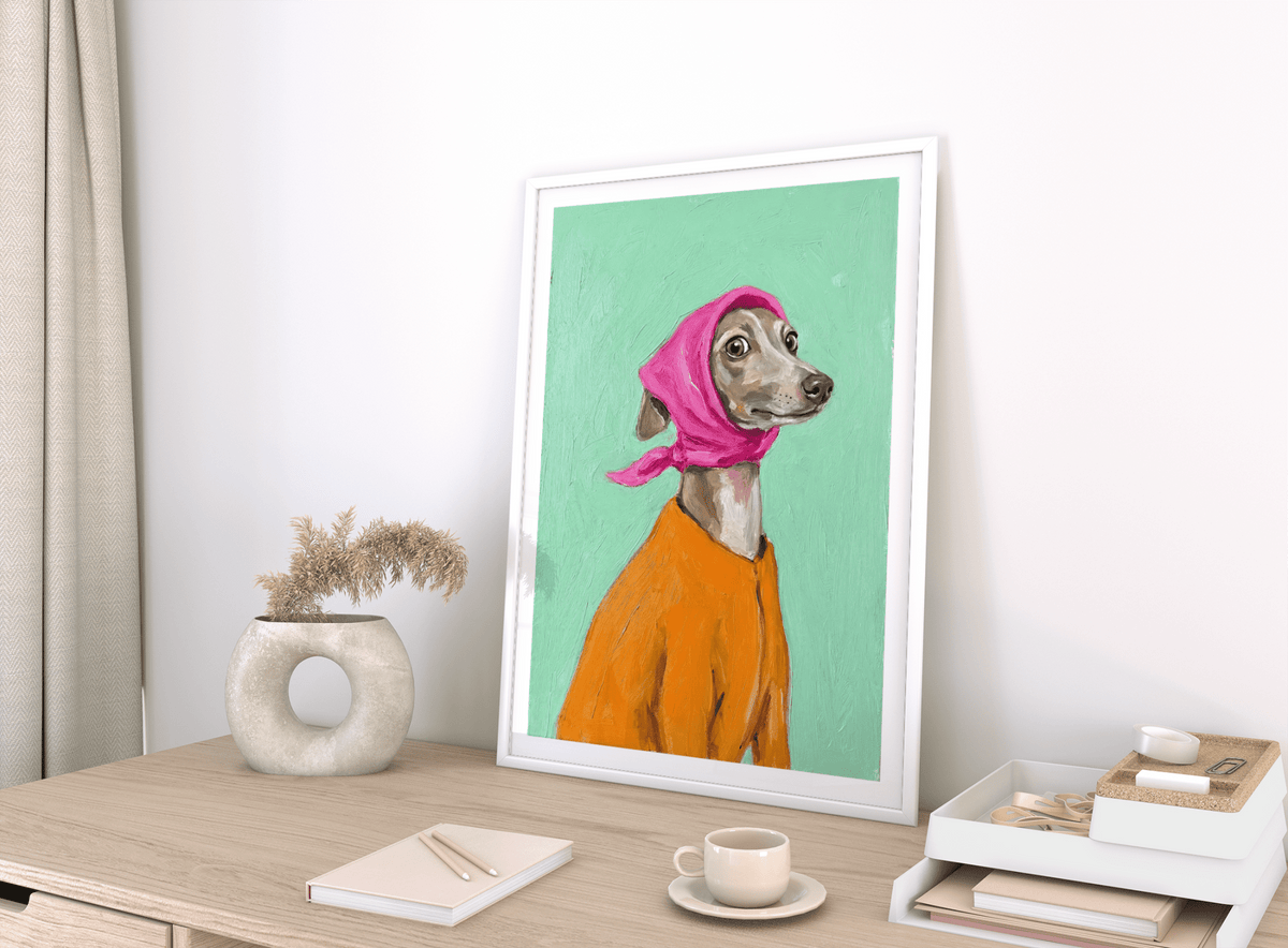 Whimsical Greyhound Poster with orange coat, ideal for dining room wall art