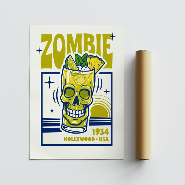 Skull glass Zombie Cocktail Art Print with green blue bedroom decor