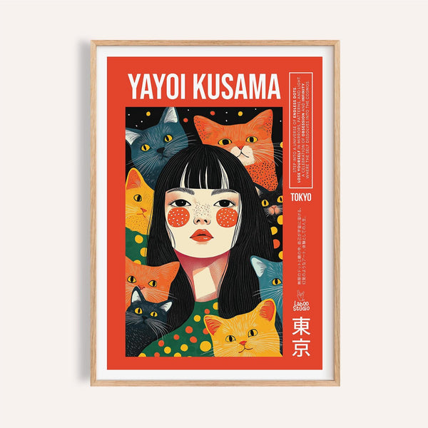 Portrait of a girl surrounded by playful cats in a quirky wall art composition.