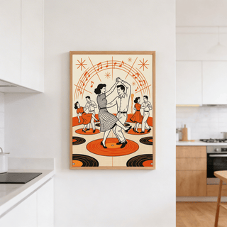 Illustrated dance poster showing three couples and scattered music notes