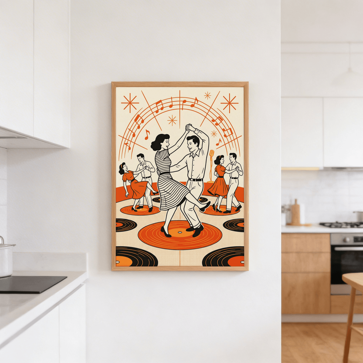 Illustrated dance poster showing three couples and scattered music notes