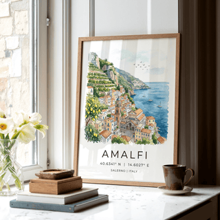 Amalfi Coast Wall Art poster mockup hanging above a sofa