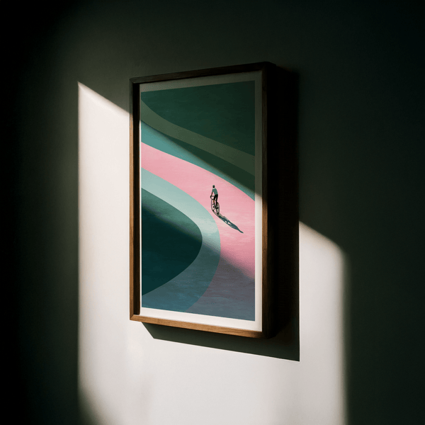 Minimalist Cycling Art Print poster showing cyclist silhouette mid-ride