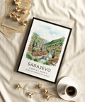 Detailed Sarajevo City Print illustration showing arched stone bridge
