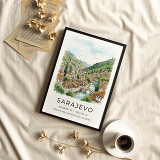 Detailed Sarajevo City Print illustration showing arched stone bridge