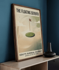 Vintage-style golf poster print with soft cloud-like shapes and isolated flagpole