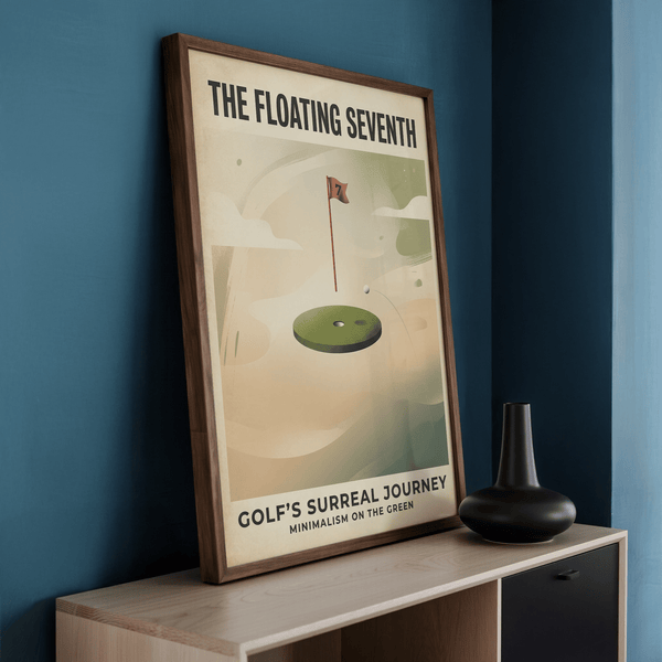 Vintage-style golf poster print with soft cloud-like shapes and isolated flagpole