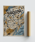Hand-drawn Barcelona map poster print with central lettering and port area shapes