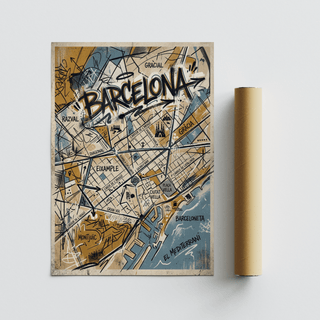 Hand-drawn Barcelona map poster print with central lettering and port area shapes
