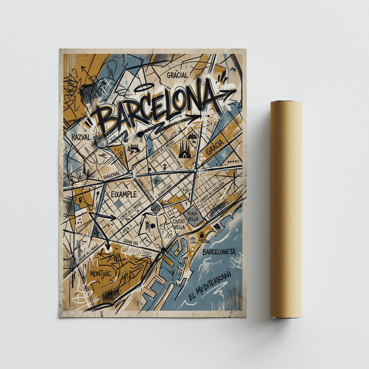 Hand-drawn Barcelona map poster print with central lettering and port area shapes