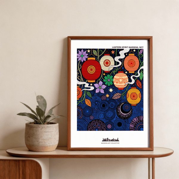 Top text detail on lantern wall art poster reading “LANTERN SPIRIT GARDENS, 1977”