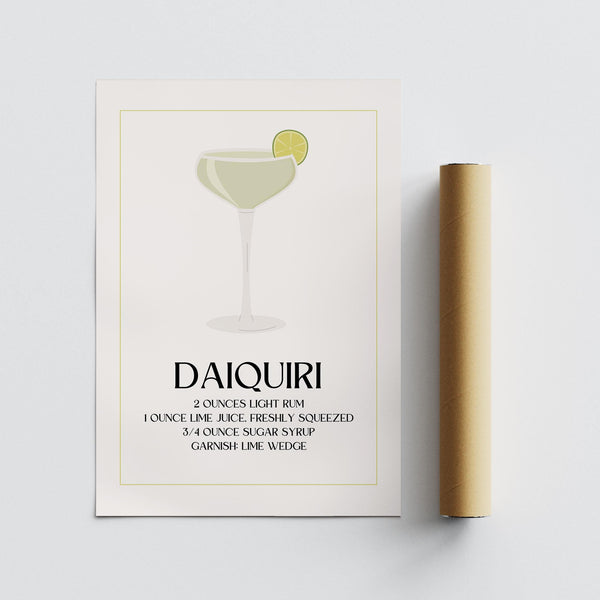 Modern bar decor featuring daiquiri artwork with yellow border detail.
