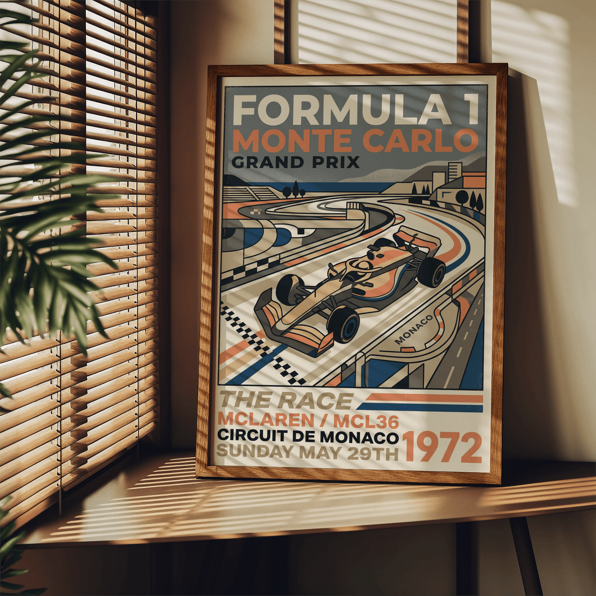 Wide view of motorsport wall art print showing open-wheel car on Monaco circuit with checkered track detail