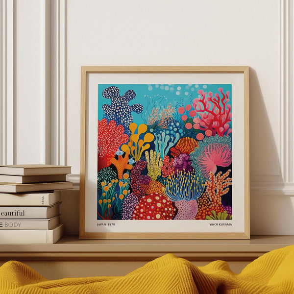 Bright coral reef scene in an under sea poster inspired by Yayoi Kusama&#39;s dot patterns.