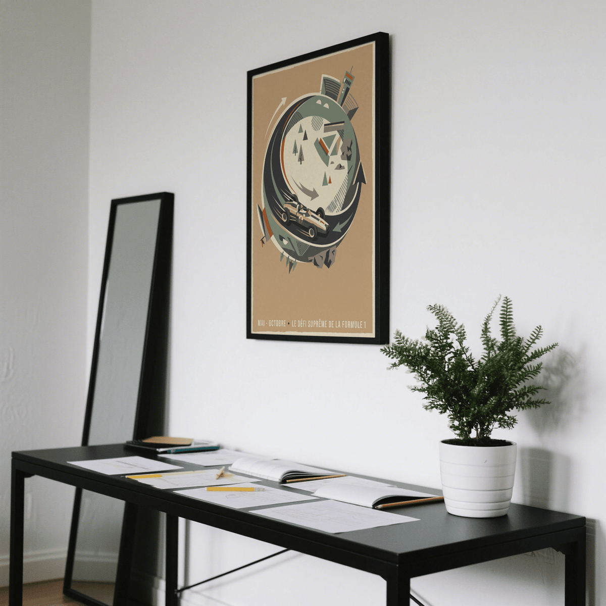 Illustrated car poster print showing angular trees, rock shapes, and a stylized track curve