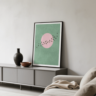 Birds Art Print showing black bird silhouettes flying across a large circle