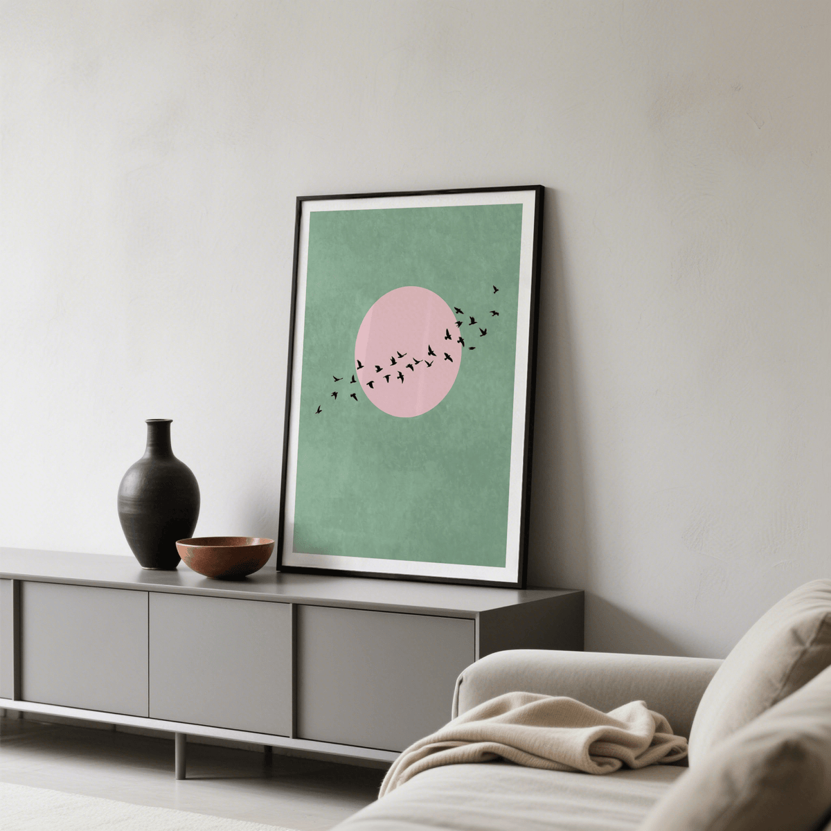 Birds Art Print showing black bird silhouettes flying across a large circle
