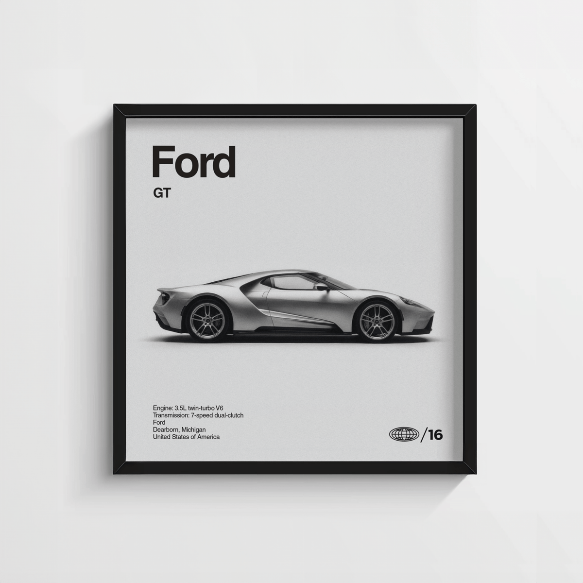 Contemporary Ford GT Wall Art in White and Black for study room