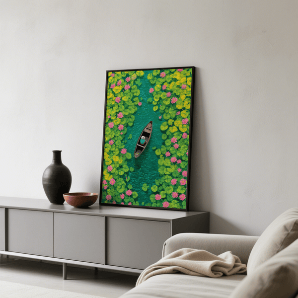 Colorful Water Lily Poster vibrant print with blue tones for lounge area