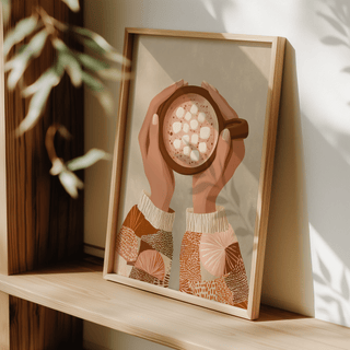 Cute Coffee Art Print featuring brown mug in cozy kitchen setting