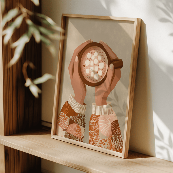 Cute Coffee Art Print featuring brown mug in cozy kitchen setting