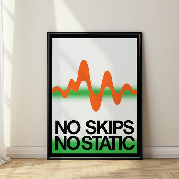 Retro music poster with orange waveform over green and white background.