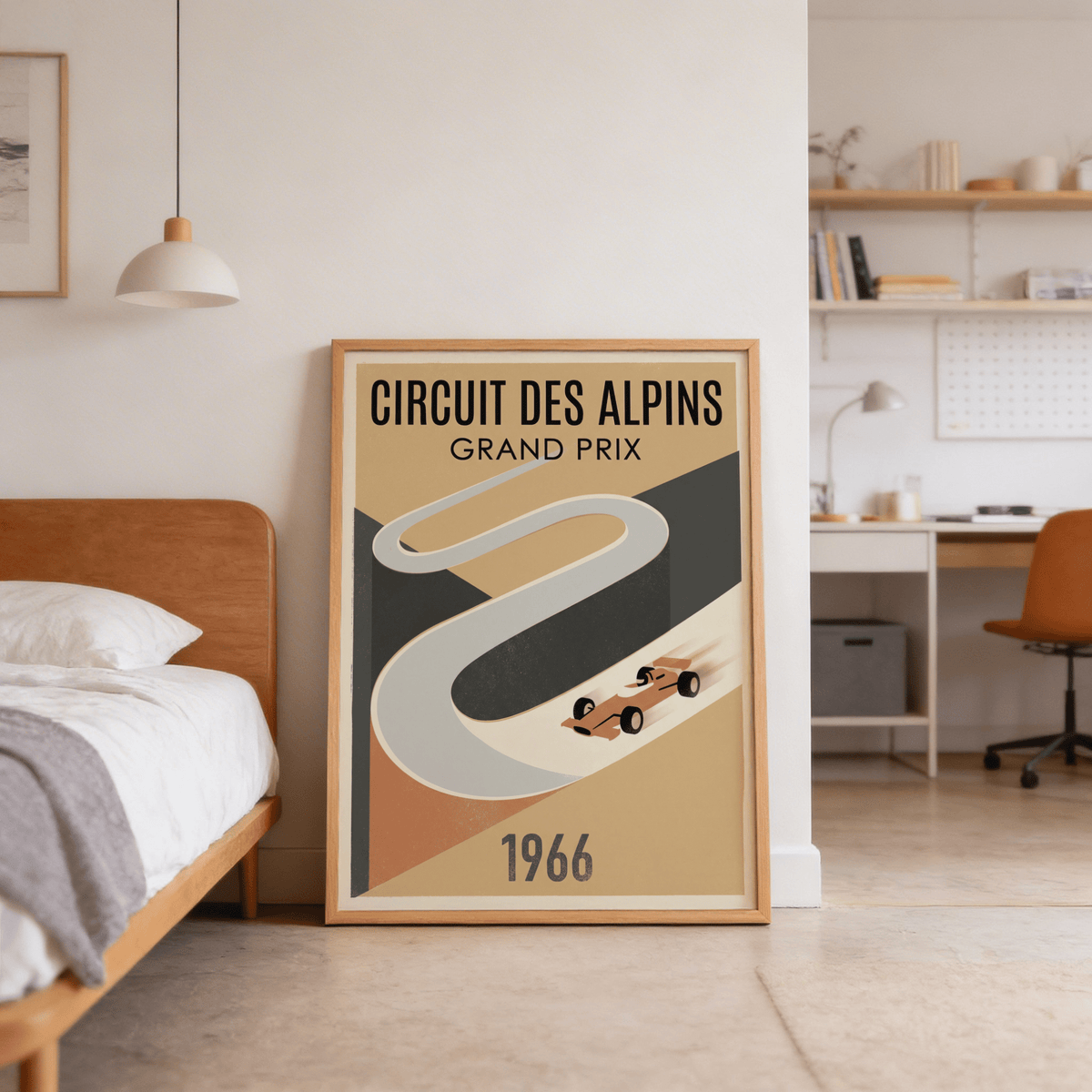 Retro Grand Prix wall art print featuring large Circuit Des Alpins title and curved circuit
