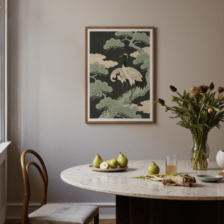 Traditional Japanese Crane Art Print in black, green, and beige for dining room