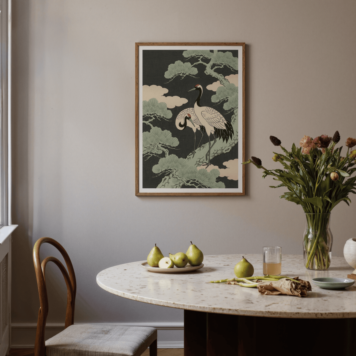 Traditional Japanese Crane Art Print in black, green, and beige for dining room
